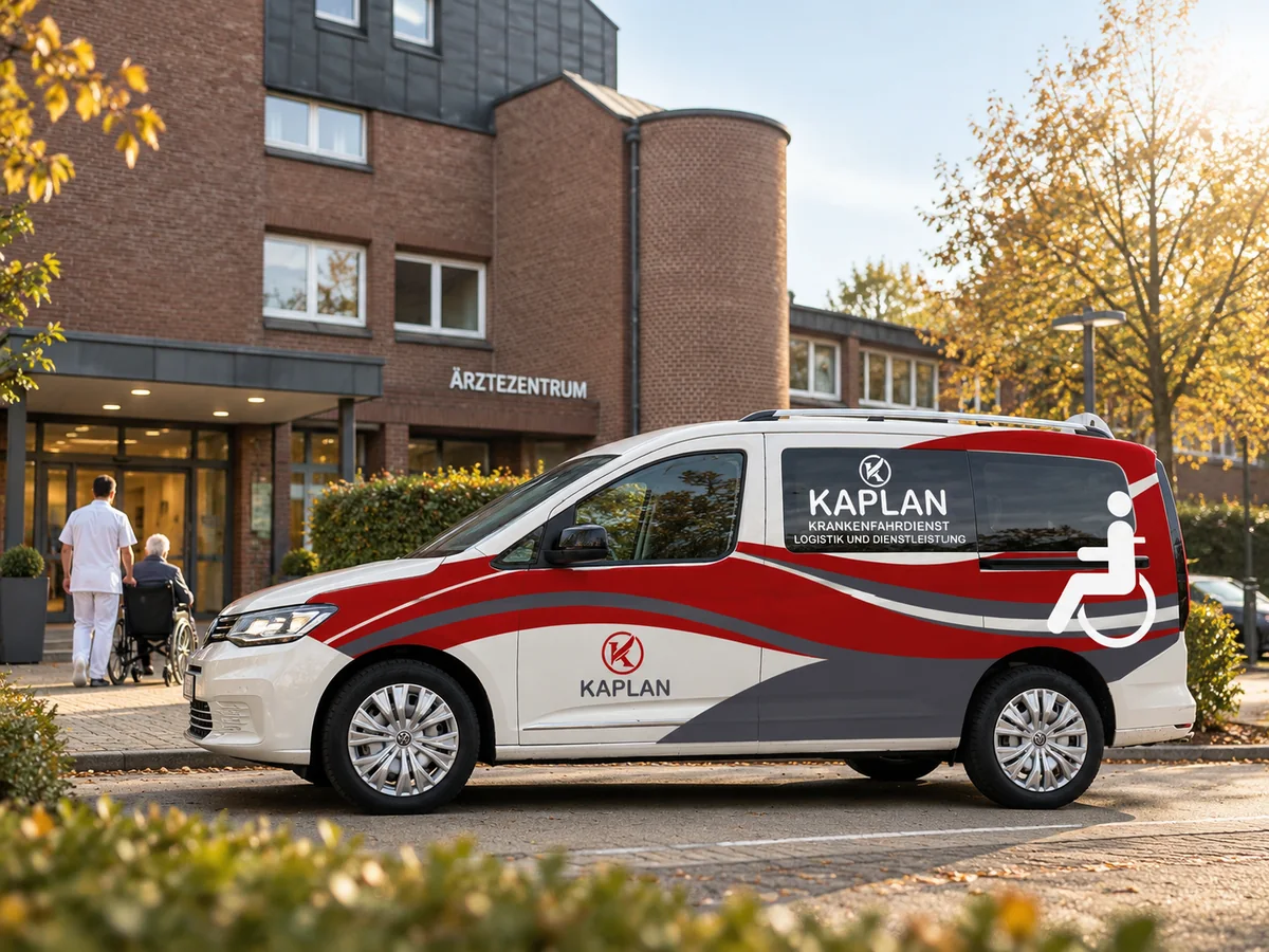 KAPLAN Krankenfahrdienst Fahrzeug vor einem Ärztezentrum in Duisburg